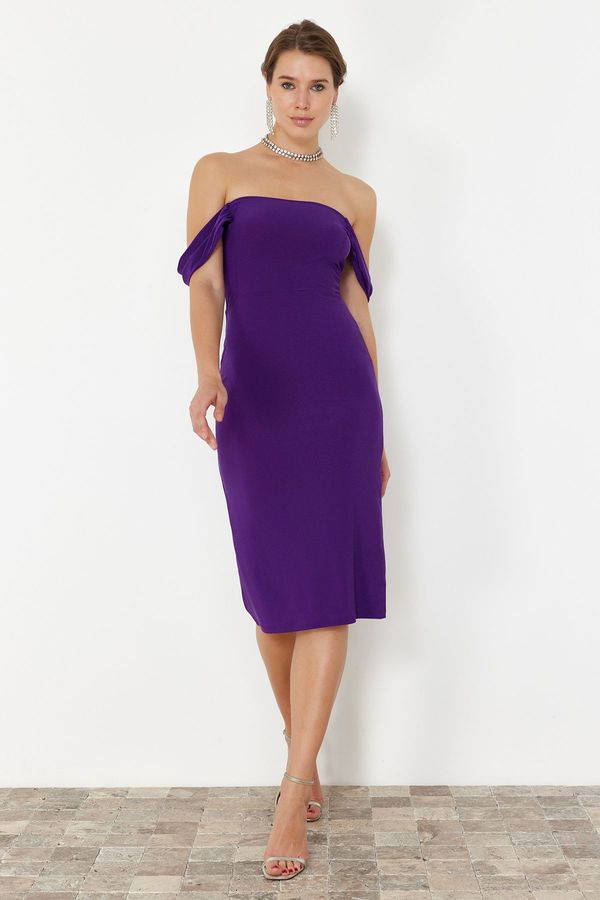 Trendyol Trendyol Purple Carmen Collar Knitted Elegant Evening Dress