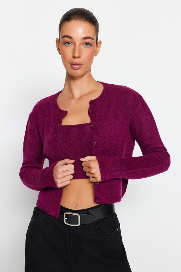 Trendyol Trendyol Purple Crop Soft Textured Button Detailed Blouse Cardigan Knitwear Suit