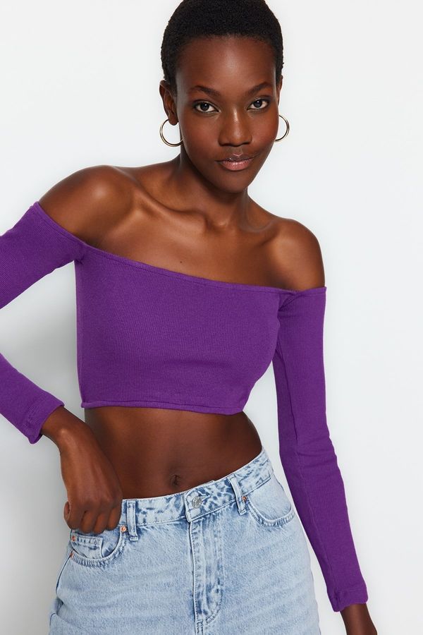 Trendyol Trendyol Purple Fitted Super Crop Carmen Collar Ribbed Stretch Knitted Blouse