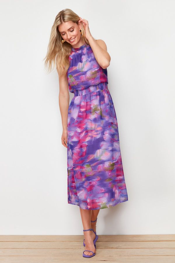 Trendyol Trendyol Purple Floral Print A-line Chiffon Lined Maxi Woven Dress