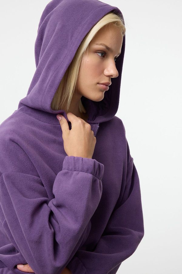 Trendyol Trendyol Purple Hooded Regular/Normal Pattern Polar Fleece Zippered Collar Knitted Sweatshirt