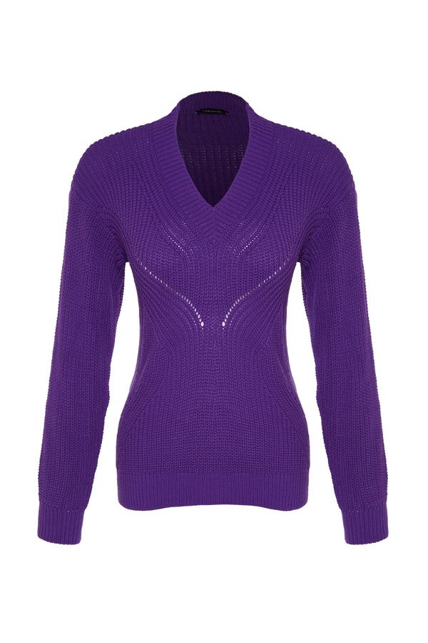 Trendyol Trendyol Purple Openwork/Perforated V-Neck Knitwear Sweater