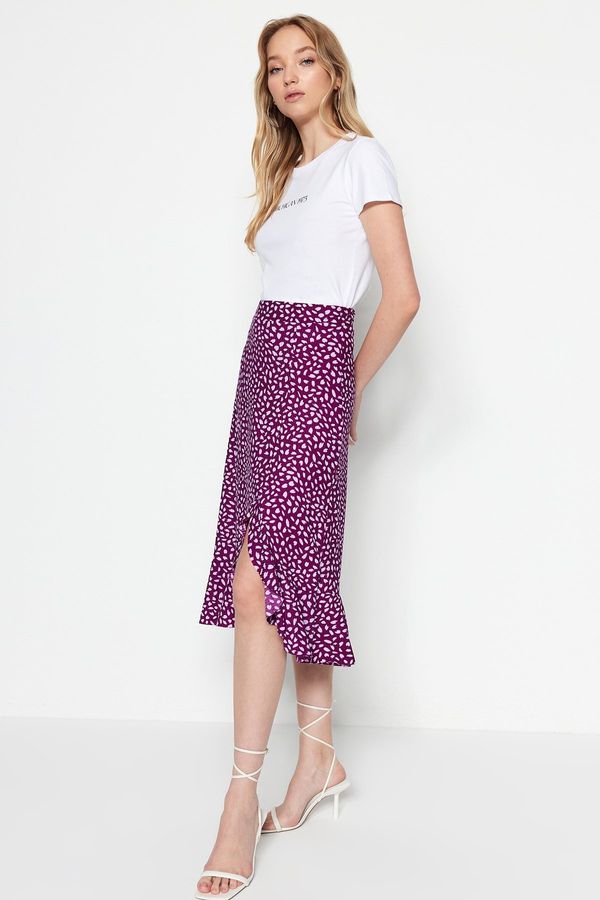 Trendyol Trendyol Purple Printed High Waist Midi Stretchy Knitted Skirt with Gather Detail and Flounce