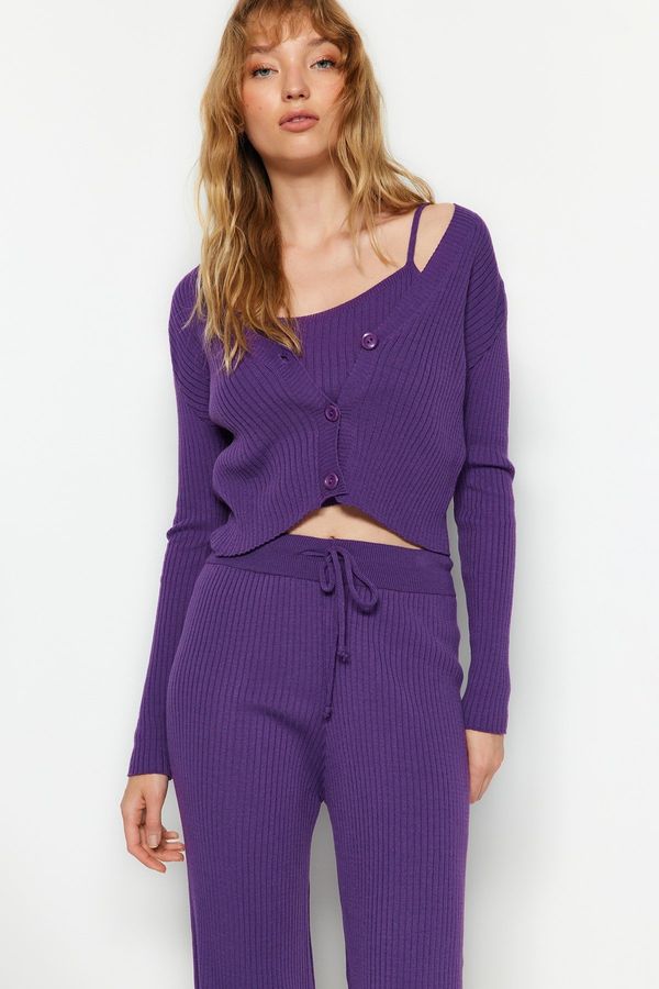 Trendyol Trendyol Purple Ribbed Blouse Cardigan Trousers Knitwear Two Piece Set