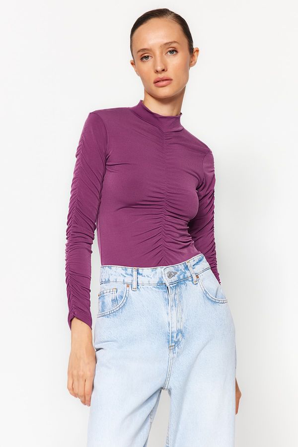 Trendyol Trendyol Purple Slim Gathered Detailed Snap Snap Elastic Knitted Bodysuit