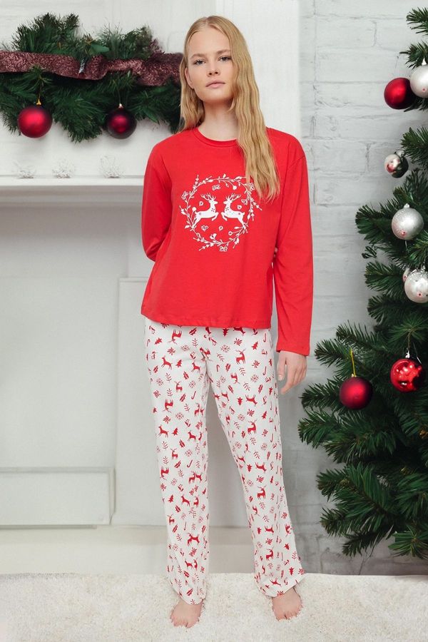 Trendyol Trendyol Red 100% Cotton Christmas Themed Knitted Pajama Set