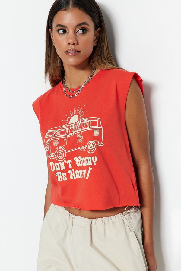 Trendyol Trendyol Red 100% Cotton Printed Sleeveless Crop Crew Neck Knitted T-Shirt