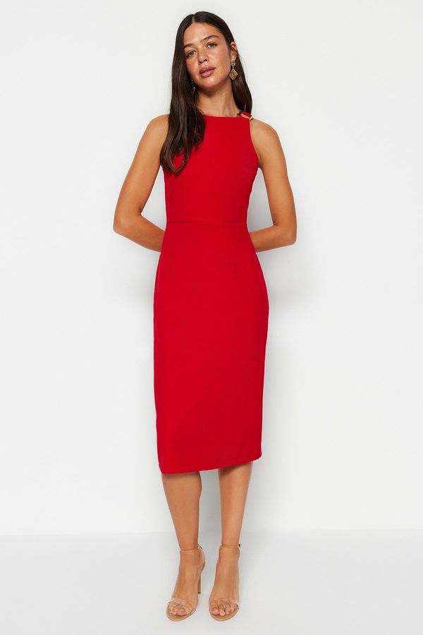 Trendyol Trendyol Red Accessory Detailed Fitted Midi Woven Dress