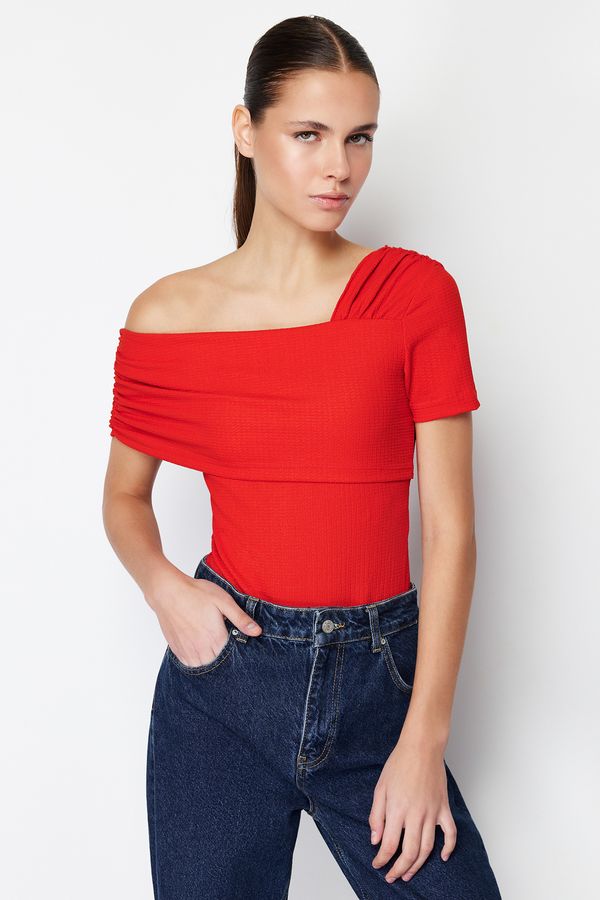 Trendyol Trendyol Red Asymmetric Collar Fitted/Situated Snaps Knitted Bodysuit