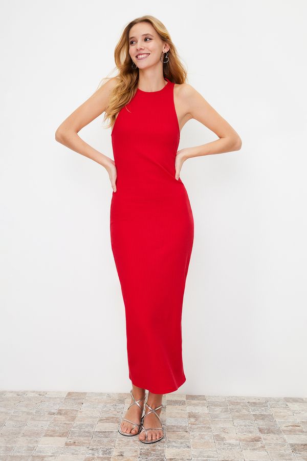 Trendyol Trendyol Red Back Detail Fitted Ribbed Cotton Flexible Knitted Maxi Pencil Dress