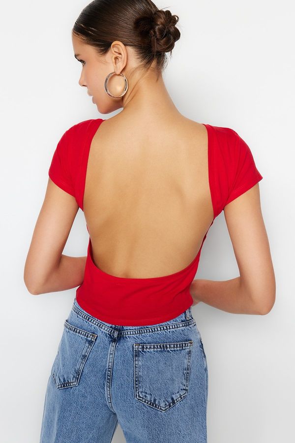 Trendyol Trendyol Red Backless Crop Cotton Stretchy Knitted Blouse