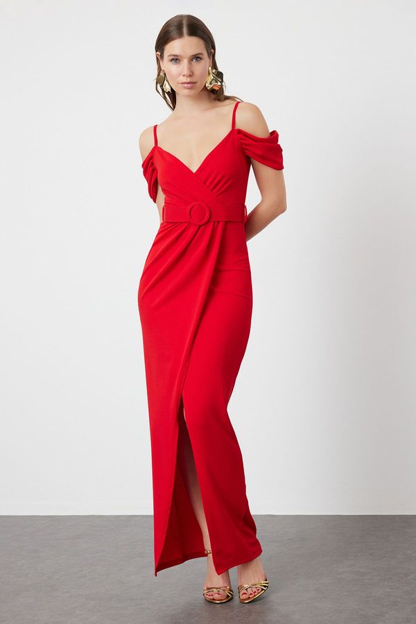 Trendyol Trendyol Red Belt Detailed Woven Long Evening Dress