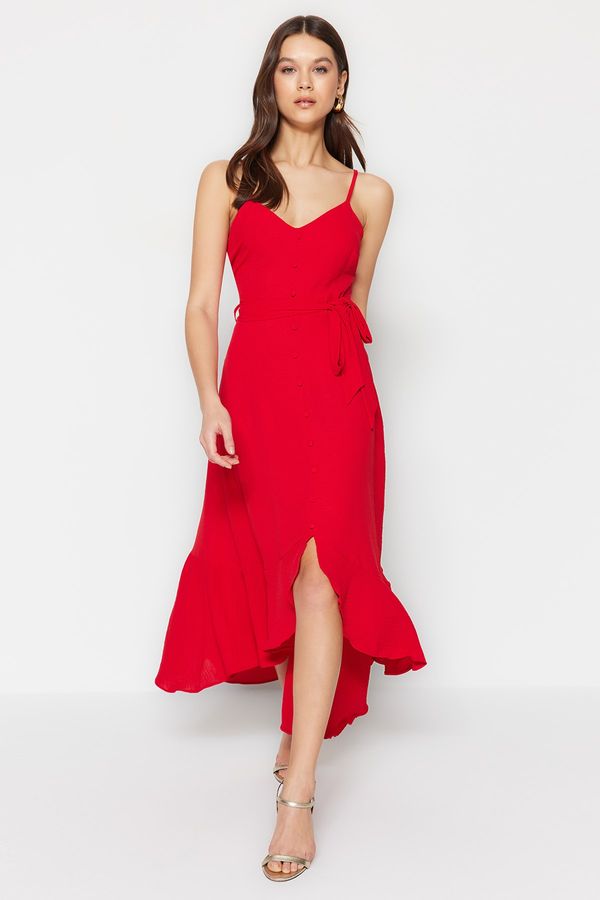Trendyol Trendyol Red Belted A-line/Bell Form Flounce Detailed Woven Maxi Dress