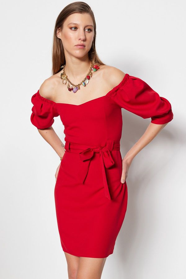 Trendyol Trendyol Red Belted Mini Woven Carmen Collar Woven Dress