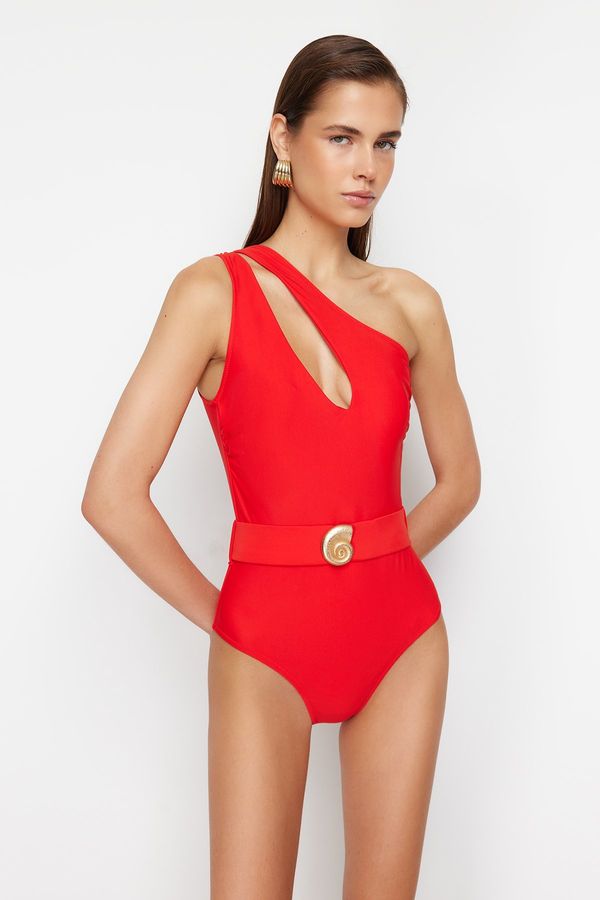 Trendyol Trendyol Red Belted One Shoulder Regular Swimsuit with Premium Accessories