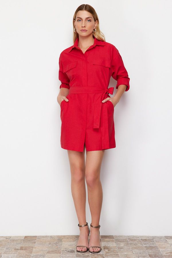 Trendyol Trendyol Red Belted Pocket Mini Woven Shirt Dress