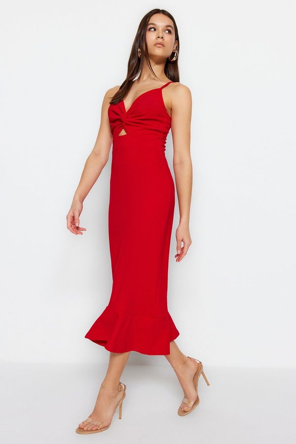 Trendyol Trendyol Red Crepe Fitted Strap Cut Out Detailed Flounce Sweetheart Neckline Mini Knitted Dress
