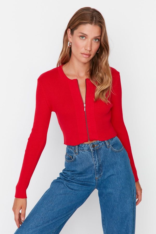 Trendyol Trendyol Red Crop Zipper 100% Cotton Basic Knitwear Cardigan