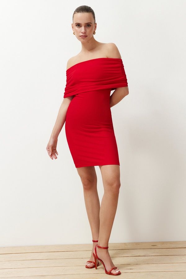 Trendyol Trendyol Red Fitted Carmen Neckline Ruffle/Textured Knitted Mini Pencil Stretch Dress