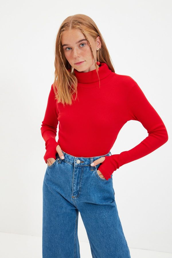 Trendyol Trendyol Red Fitted/Situated Turtleneck Finger Detailed Ribbed Stretch Knitted Blouse