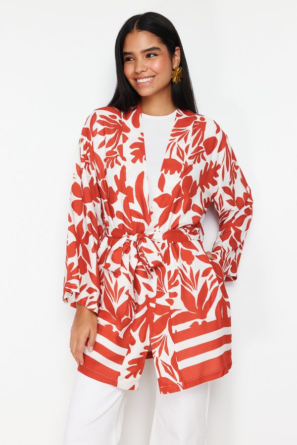 Trendyol Trendyol Red Floral Patterned Kimono & Kaftan with Tie Detail and Pockets