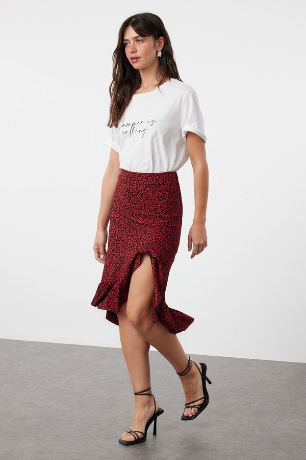 Trendyol Trendyol Red Floral Ruffle Slit Flexible Midi Knitted Skirt