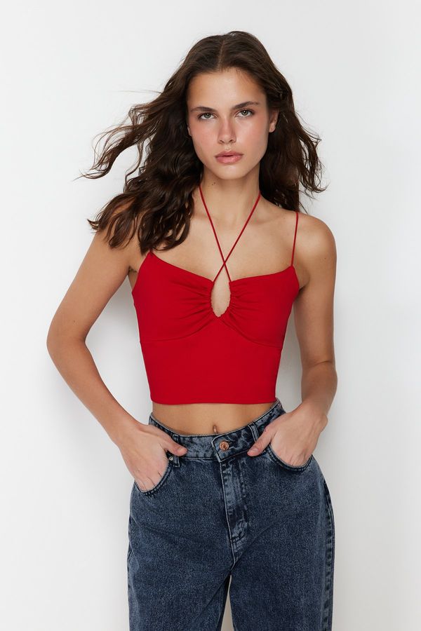 Trendyol Trendyol Red Halterneck Spaghetti Strappy Cotton Stretchy Crop Knitted Undershirt