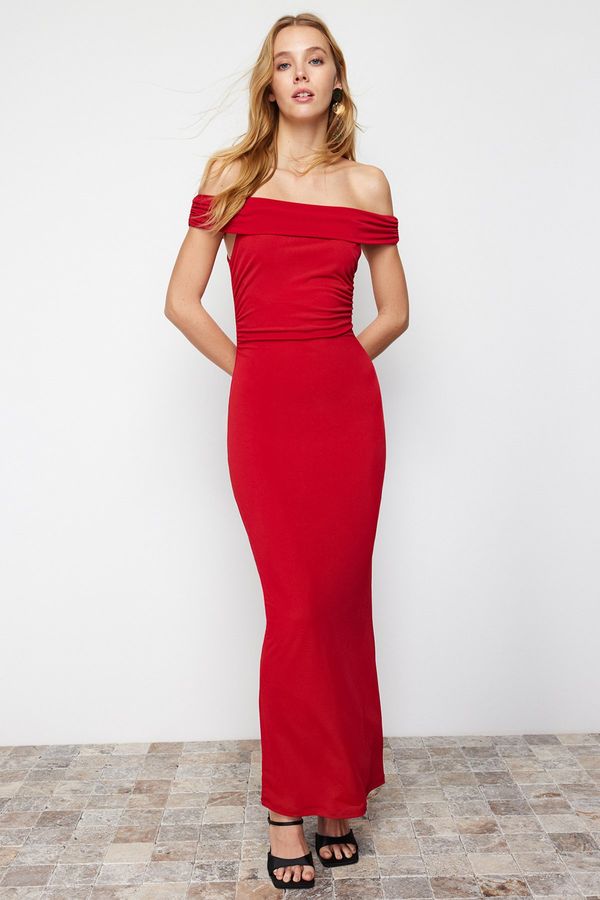 Trendyol Trendyol Red Maxi Fitted Carmen Collar Flexible Knitted Maxi Dress