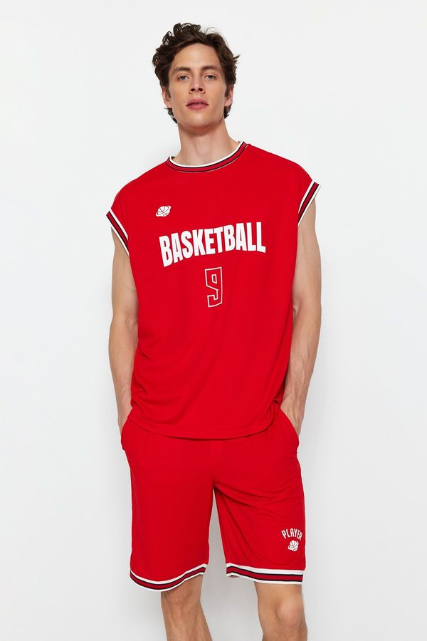 Trendyol Trendyol Red Men's Oversize/Wide Cut Basketball Printed Technical Fabric T-Shirt - Singlet