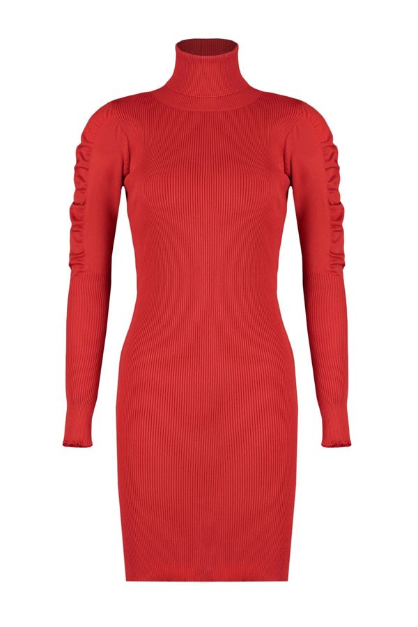 Trendyol Trendyol Red Mini Knitwear Turtleneck Sleeve Shirring Detailed Dress