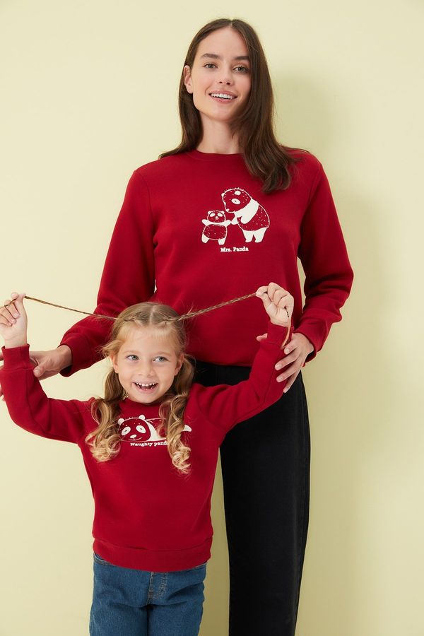 Trendyol Trendyol Red Panda Printed Crew Neck Girls Kids Knitted Family Combine Sweatshirt
