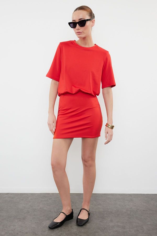 Trendyol Trendyol Red Plain Soft Fabric Fitted Short Sleeve Stretchy Knitted Dress