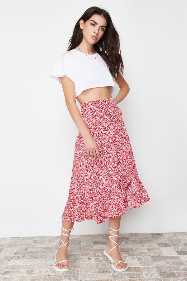 Trendyol Trendyol Red Printed High Waist Flexible Skirt with Gather Detail and Flounce
