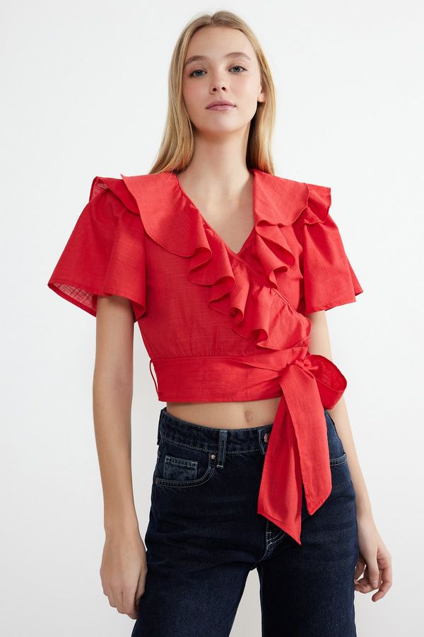 Trendyol Trendyol Red Ruffle and Tie Detailed Woven Blouse