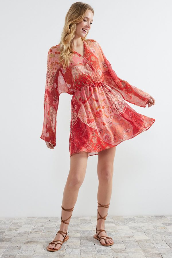 Trendyol Trendyol Red Shawl Pattern A-line Double Breasted Collar Lined Chiffon Mini Woven Dress