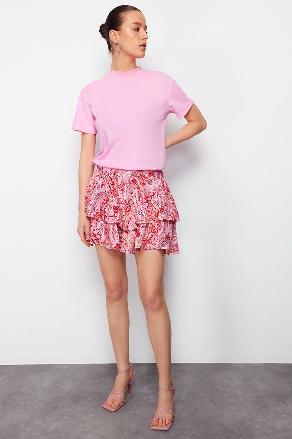 Trendyol Trendyol Red Shawl Pattern Ruffled Viscose Woven Shorts with Elastic Waist Detail