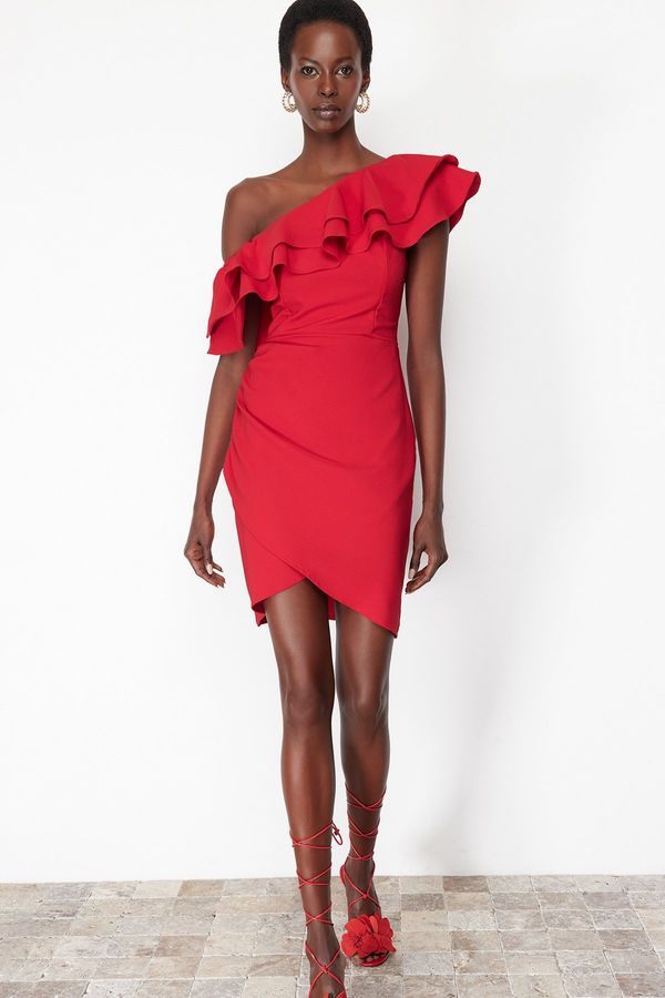 Trendyol Trendyol Red Single Sleeve Ruffled Elegant Evening Dress