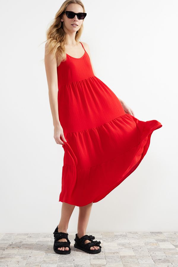 Trendyol Trendyol Red Skirt Flounce Relaxed Cut Strap Midi Woven Dress
