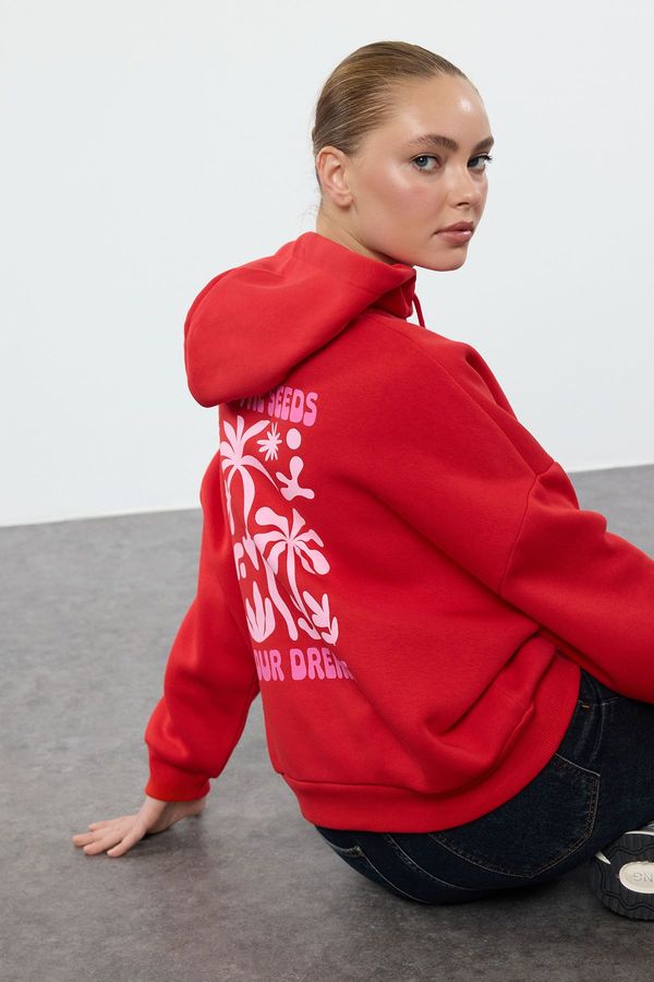 Trendyol Trendyol Red Slogan and Back Printed Relaxed/Comfortable Fit Knitted Sweatshirt