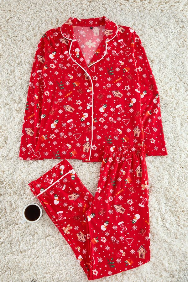 Trendyol Trendyol Red Soft Feeling Christmas Themed Shirt-Pants Knitted Pajama Set