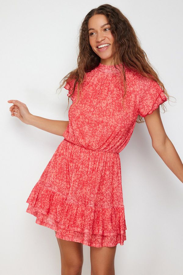 Trendyol Trendyol Red Special Textured Skirt Ruffled Short Sleeve High Collar Flexible Knitted Mini Dress