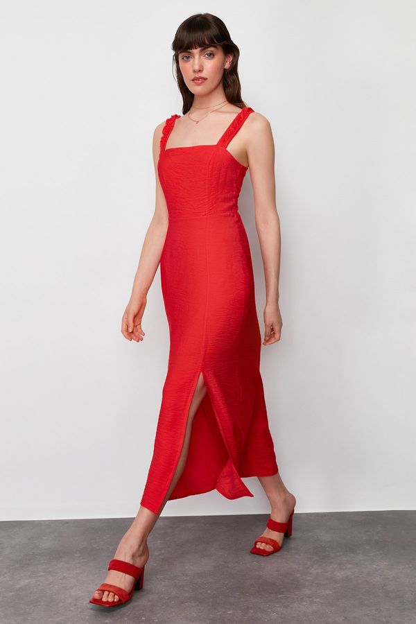 Trendyol Trendyol Red Straight Cut Back Tie Detailed Woven Midi Dress
