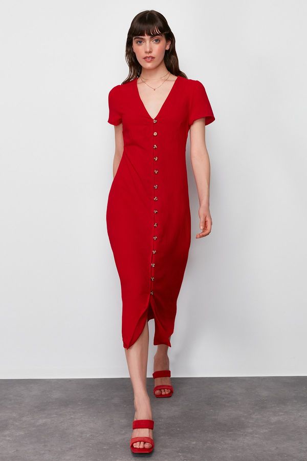 Trendyol Trendyol Red Straight Cut Button Detailed V Neck Woven Midi Dress