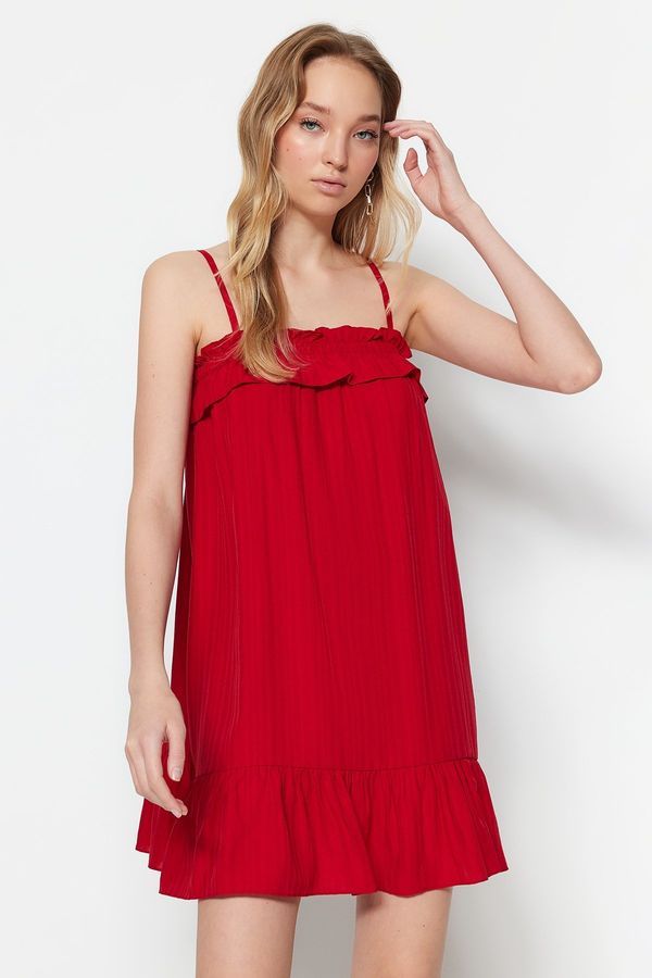 Trendyol Trendyol Red Straight Cut Mini Woven Ruffle Detailed Woven Dress