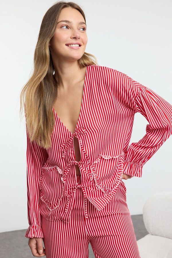 Trendyol Trendyol Red Striped Ribbon/Bow/Tie Detail Viscose Woven Pajamas Set