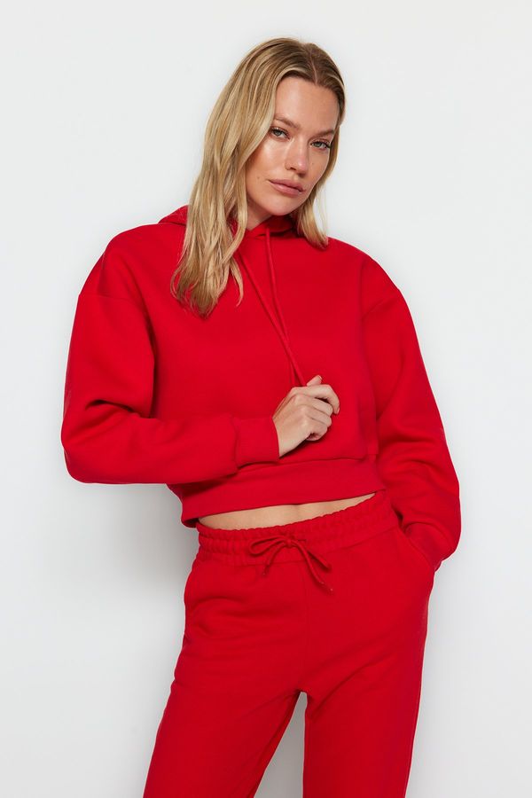 Trendyol Trendyol Red Thick Fleece Hoodie. Relaxed-Cut Crop Basic Knitted Sweatshirt