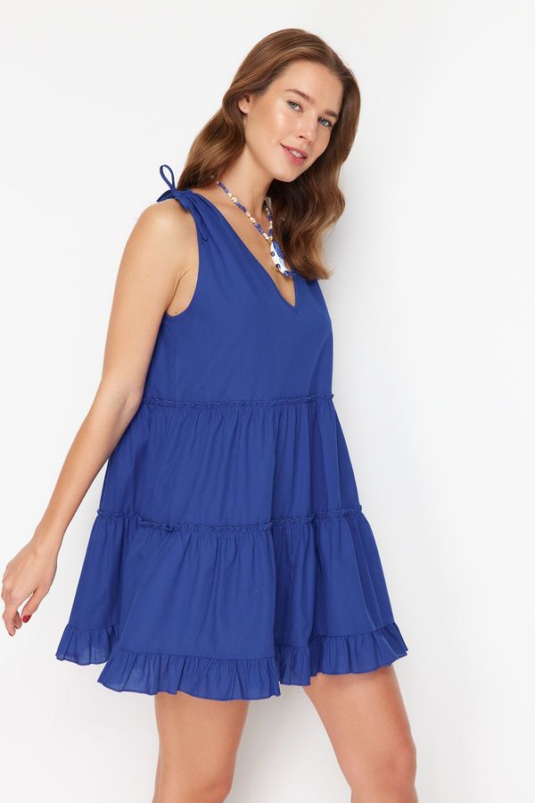 Trendyol Trendyol Saks Wide Fit Mini Woven Ruffle 100% Cotton Beach Dress