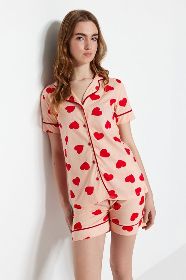Trendyol Trendyol Salmon 100% Cotton Heart Patterned Piping Detailed Shirt-Shorts Knitted Pajamas Set