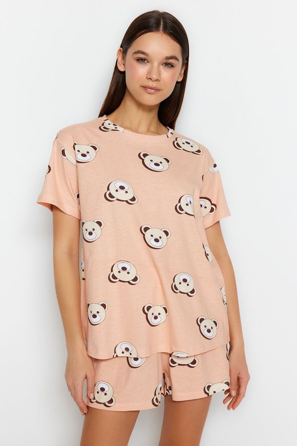 Trendyol Trendyol Salmon 100% Cotton Teddy Bear Patterned T-shirt-Shorts Knitted Pajamas Set