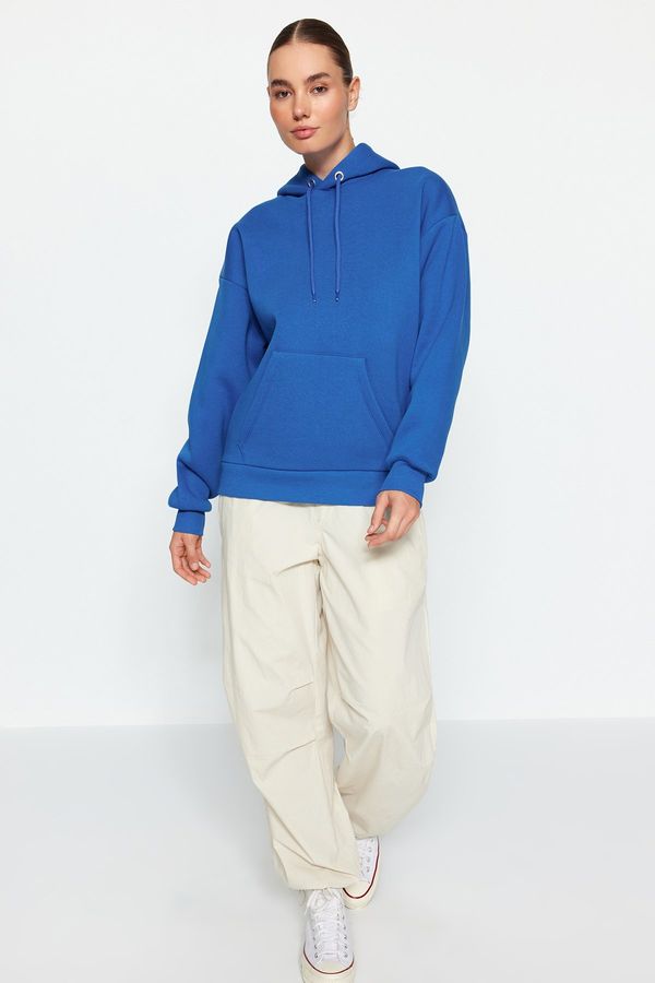 Trendyol Trendyol Sax Hoody with a Printed Back Oversized/Wide-Wide Fit Fleece Inside Knitted Sweatshirt